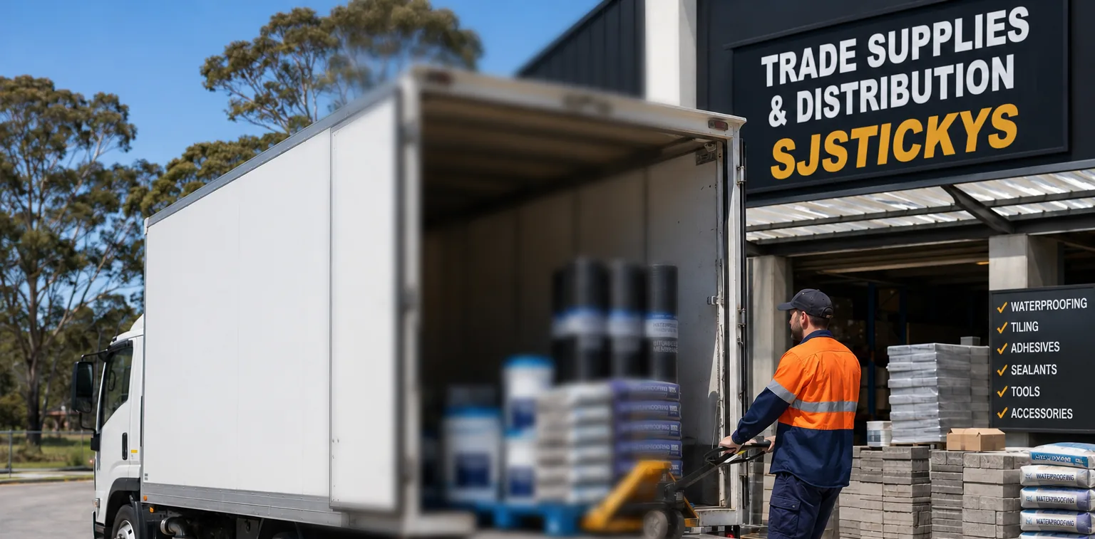SJ Stickys delivery truck being loaded with trade supplies at the distribution dock.